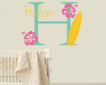 Surfboard Wall Decal with Initial & Name - Personalized Hawaiian Wall Decal Surfboard Wall Decal with Initial & Name - Personalized Hawaiian Wall Decal